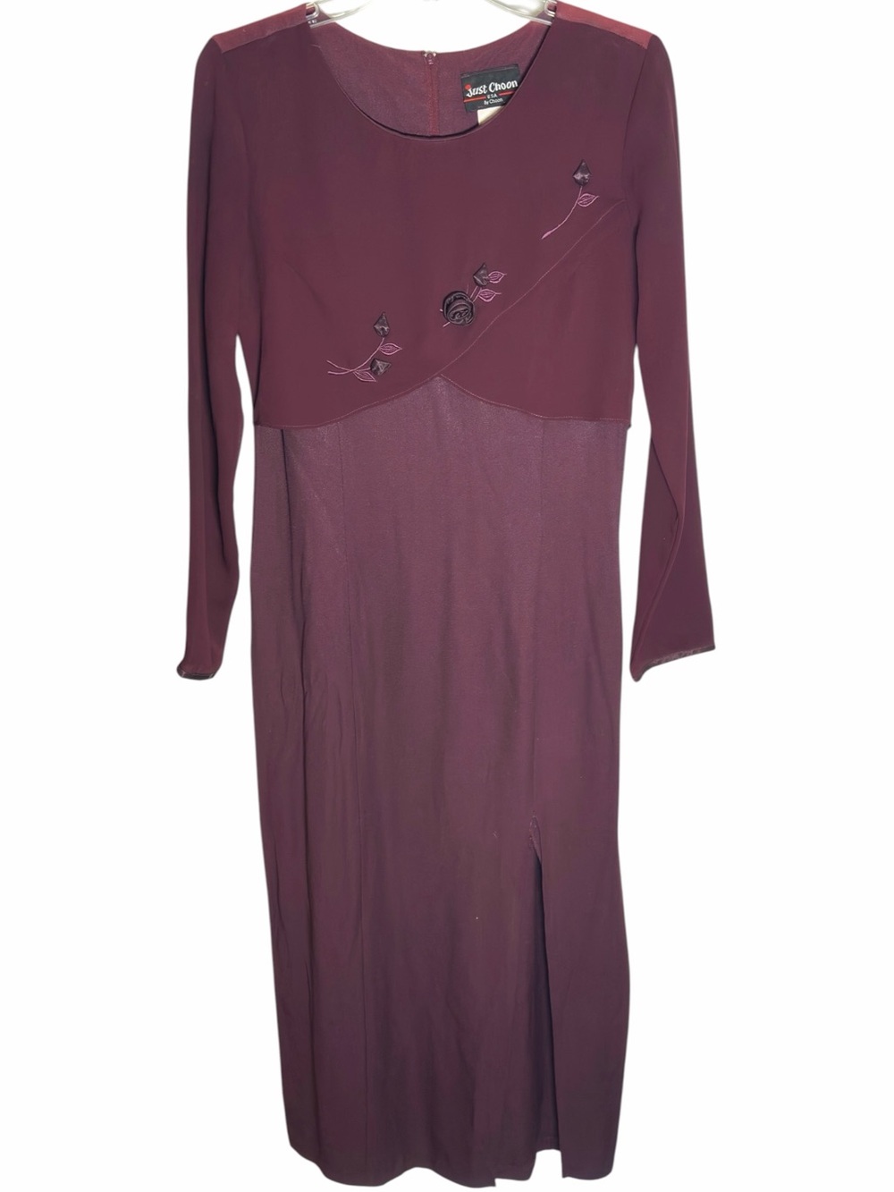 Vintage 90s Just Choon Burgundy Rose Applique Whimsigoth Maxi Dress Sz 7